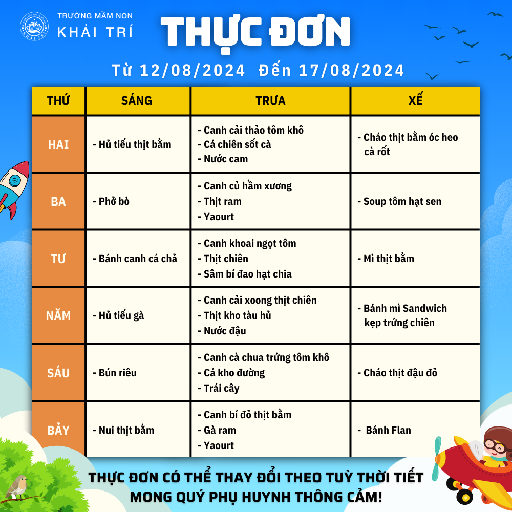 Thực Đơn Tuần Mới (Từ 12/08/2024 - 17/08/2024)