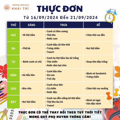 Thực Đơn Tuần Mới (Từ 15/09/2024 - 21/09/2024)