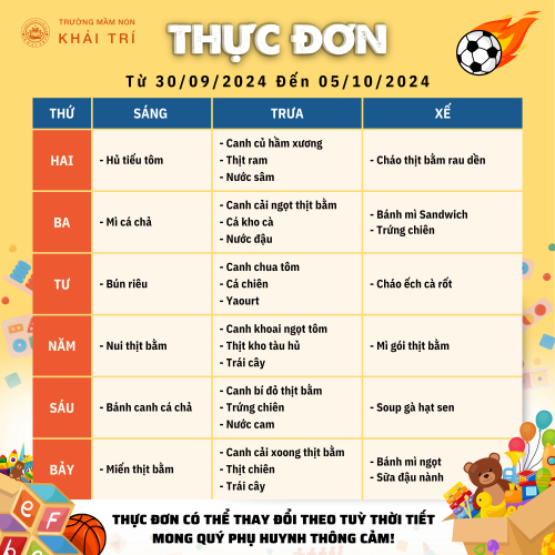 Thực Đơn Tuần Mới (Từ 30/09/2024 - 05/10/2024)