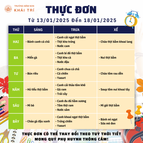 Thực Đơn Tuần Mới (Từ 13/01/2025 - 18/01/2025)