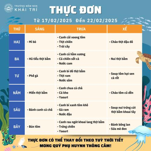 Thực Đơn Tuần Mới (Từ 17/02/2025 - 22/02/2025)