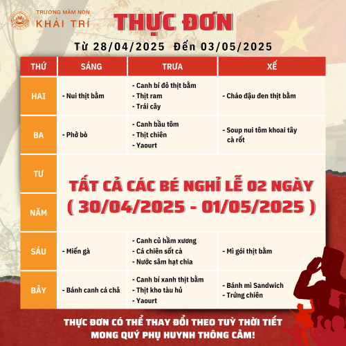 Thực Đơn Tuần Mới (Từ 28/04/2025 - 03/05/2025)