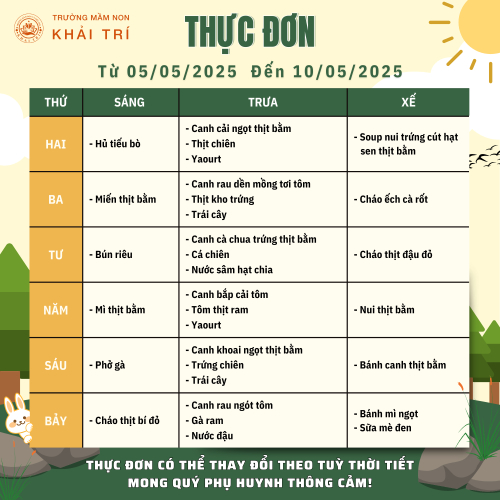 Thực Đơn Tuần Mới (Từ 05/05/2025 - 10/05/2025)